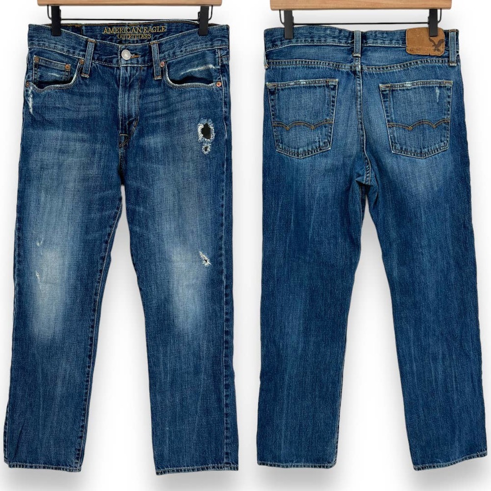 American Eagle Outfitters Mens Medium Wash Distressed Original Straight Jean 30